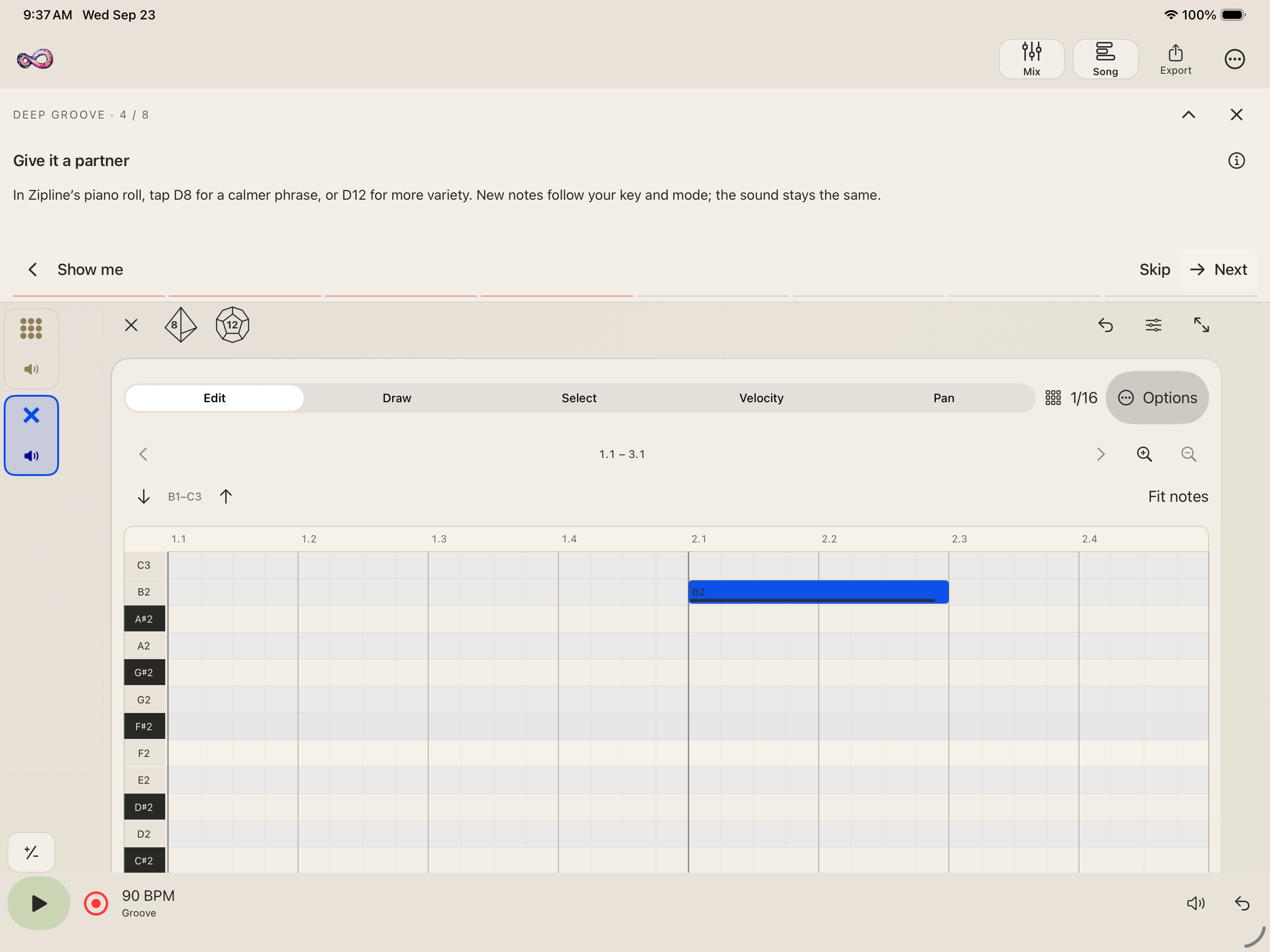 The light ceramic piano roll with generated notes and the optional Deep Groove lesson