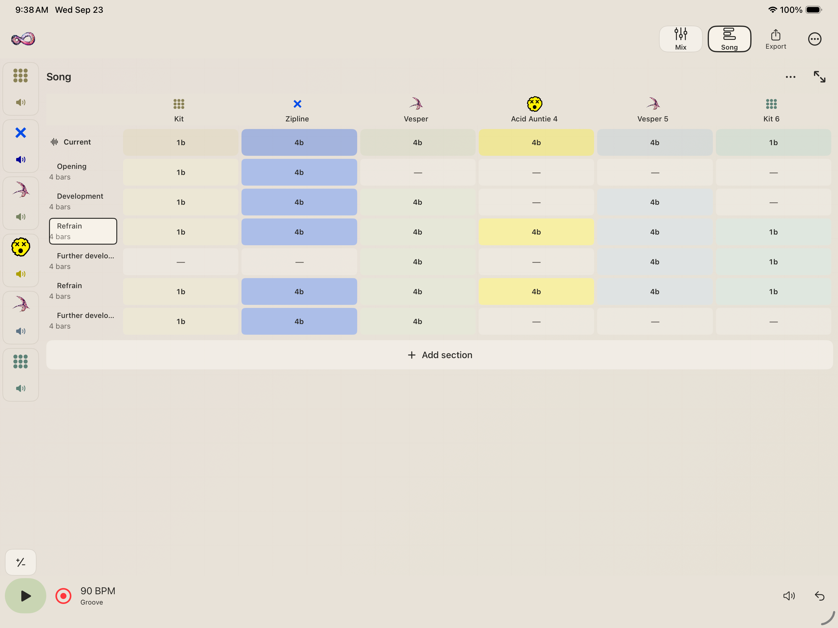 Six instruments and six arranged sections in Gummy Drum GrooveBox’s light ceramic Song view