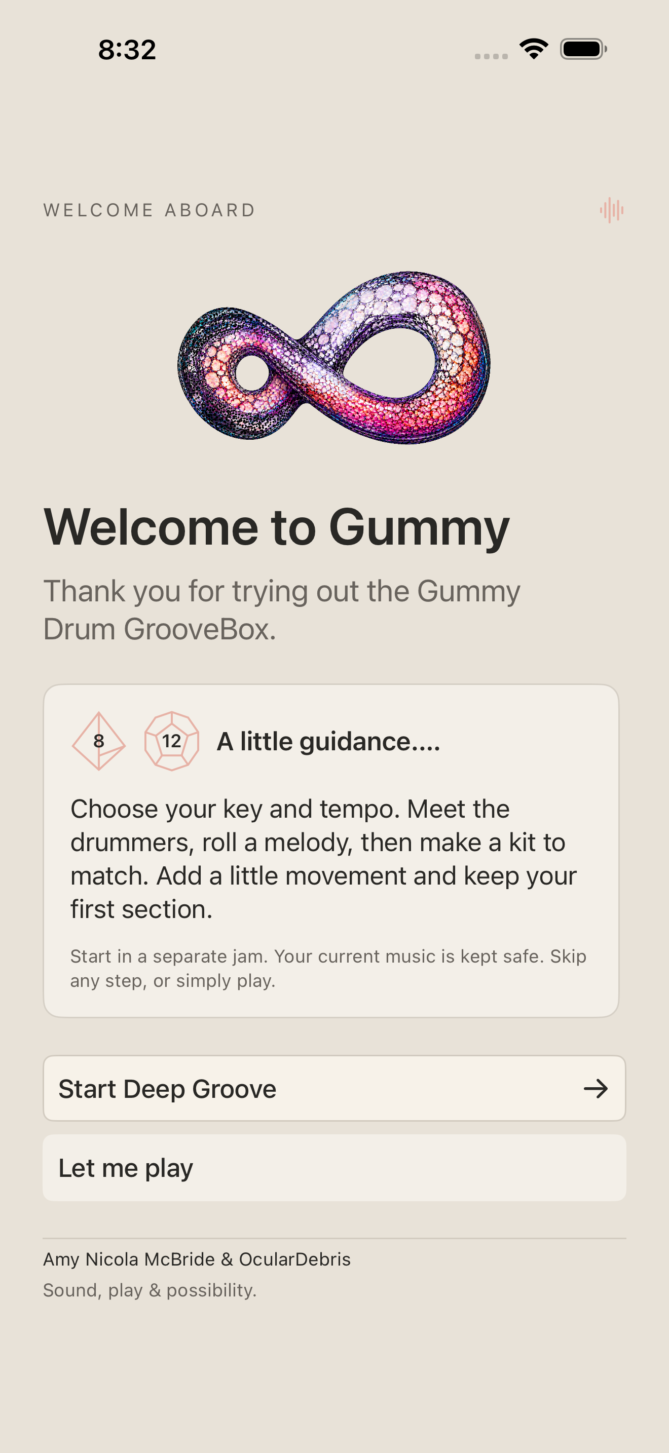 Welcome to Gummy on iPhone with Mary’s logo and the optional lesson