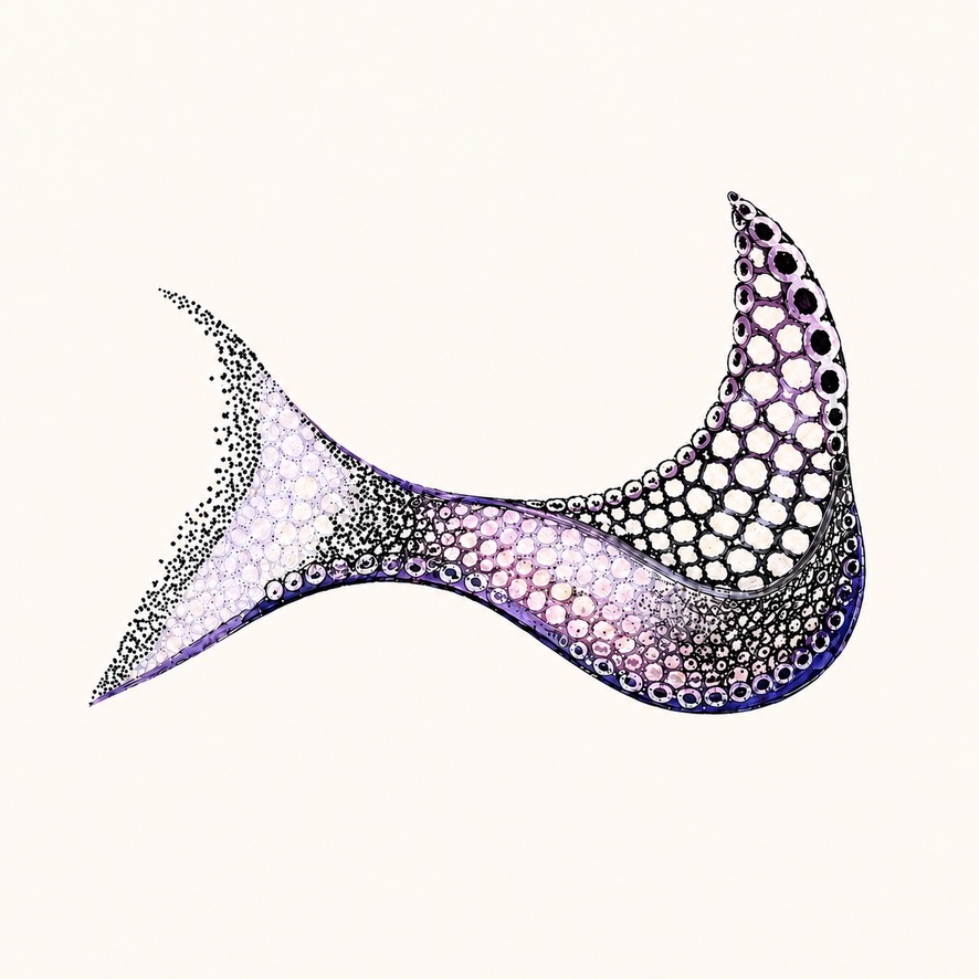 A flowing fishtail form built from black, violet and pearl-like circular patterns.