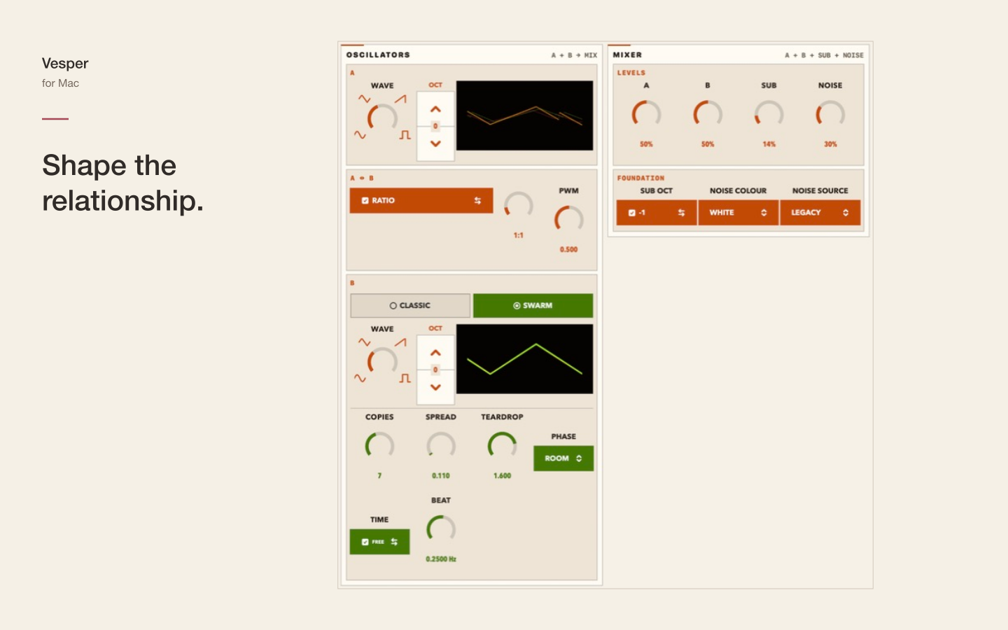 Vesper’s light interface close-up showing oscillator relationships, Swarm and the mixer