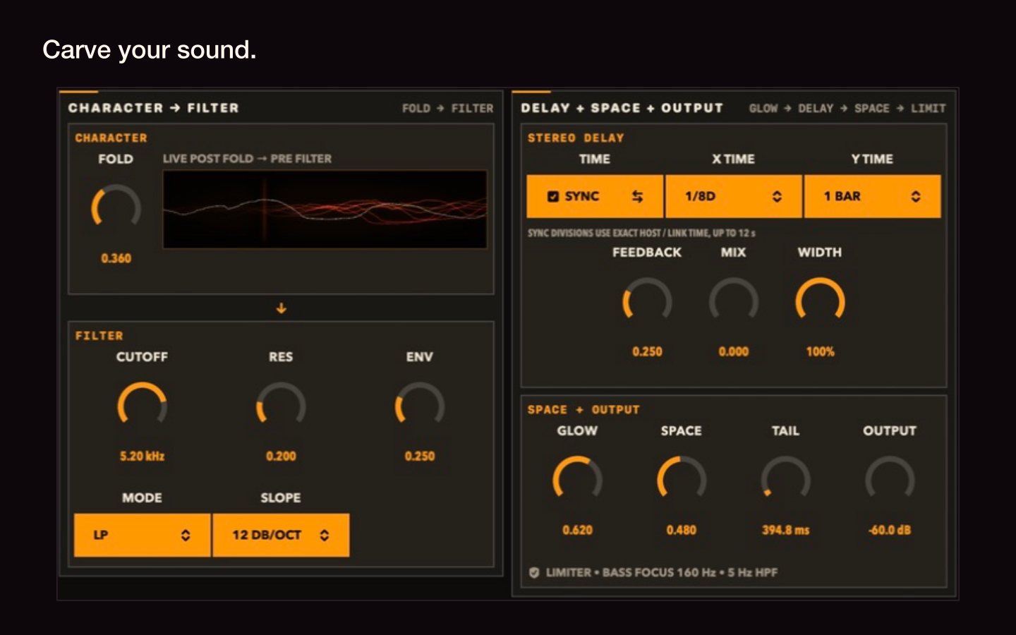 Vesper’s dark interface with an active waveform scope, filter and effects controls
