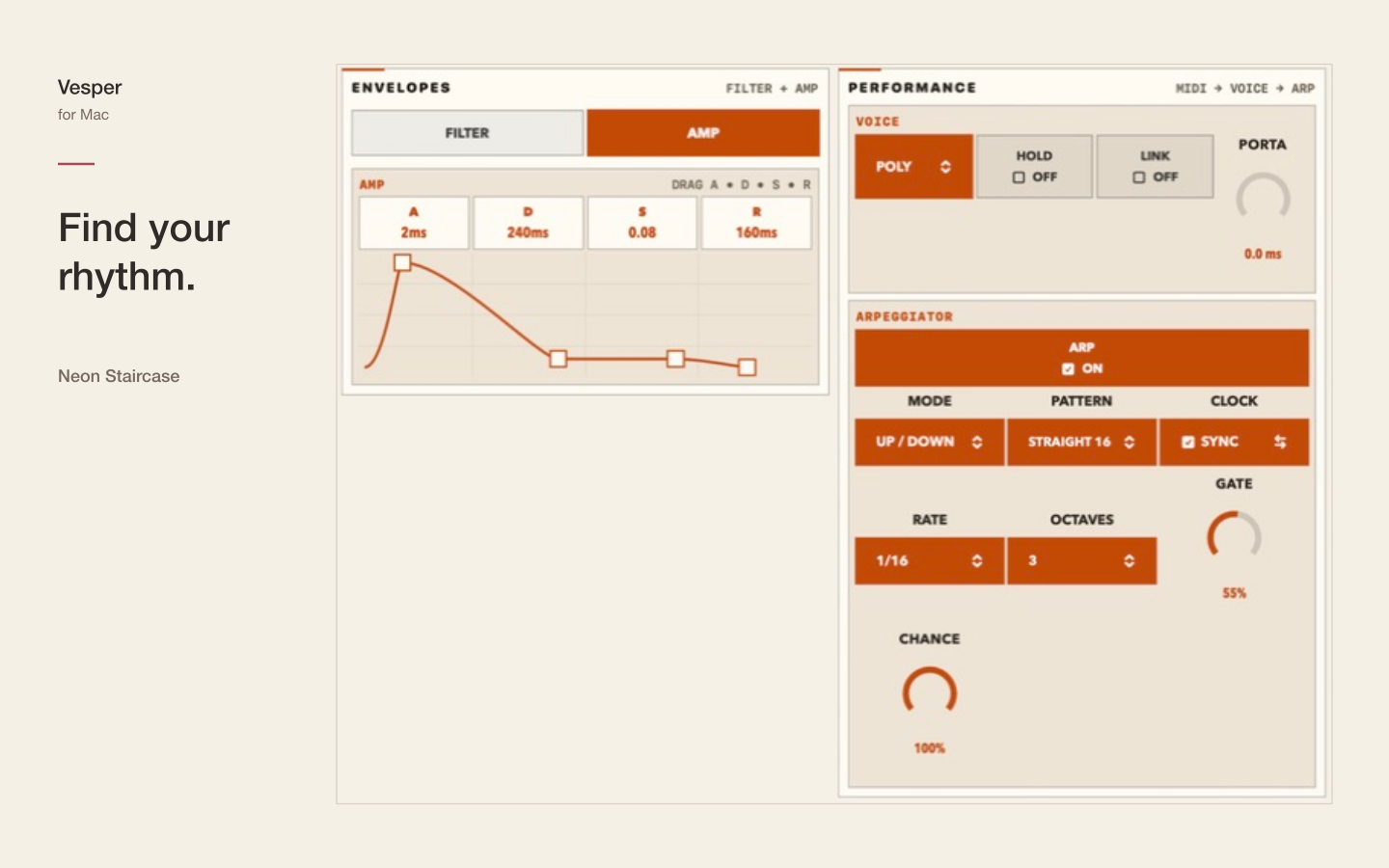 Vesper’s light interface with the arpeggiator controls open
